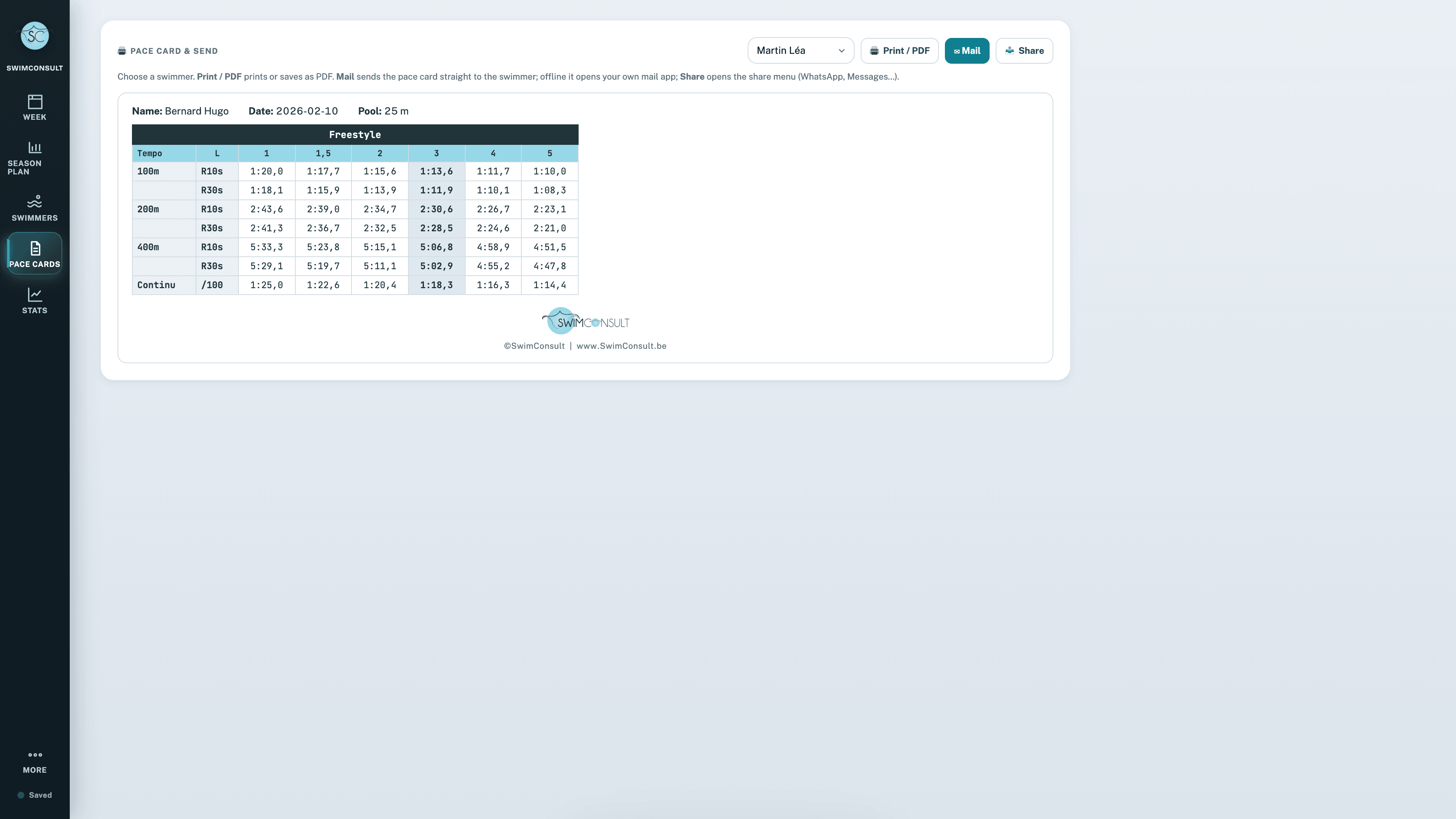 Individual time card in SwimConsult.