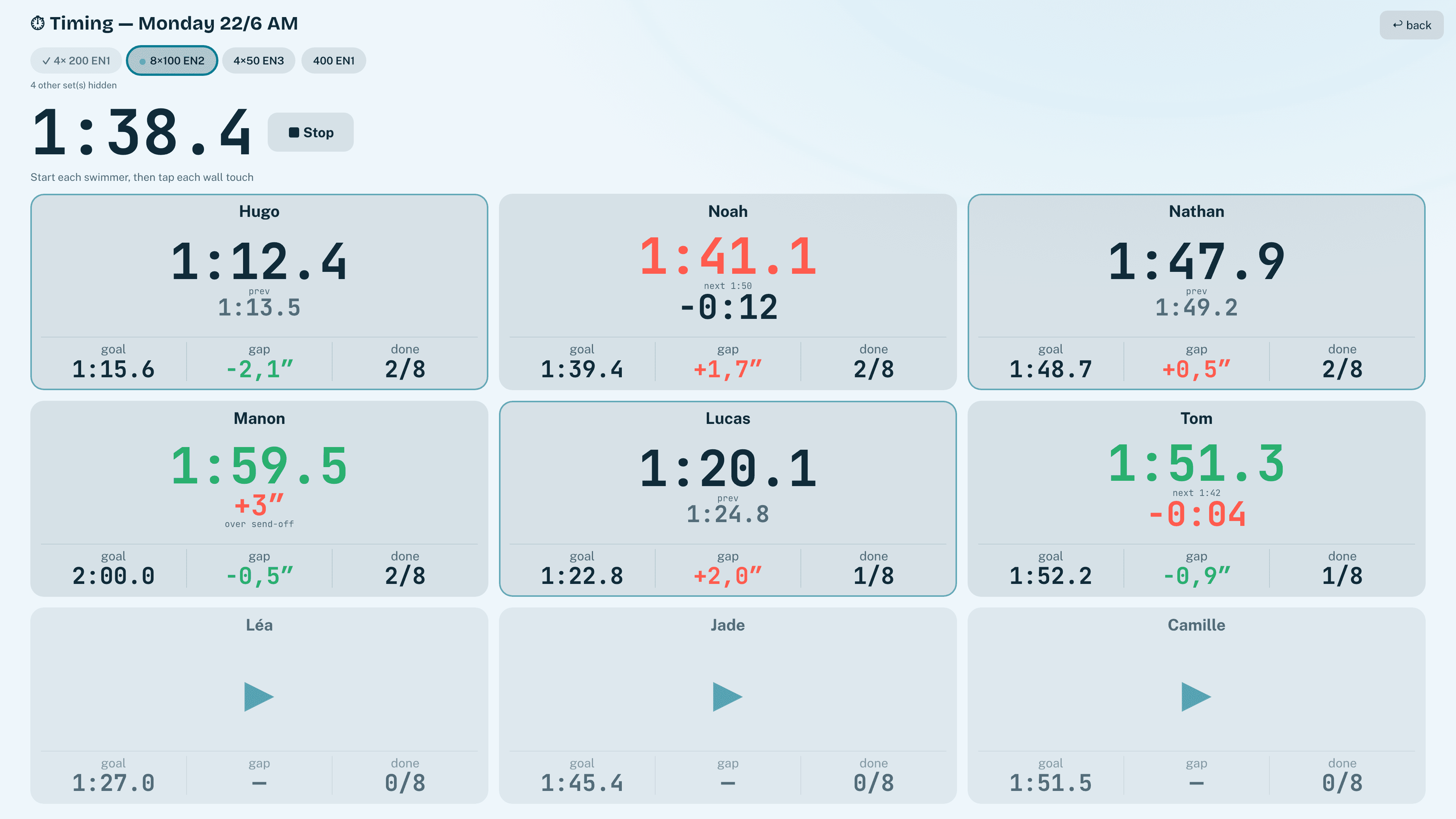 SwimConsult live timing: a running clock with one row per swimmer to tap at the wall.